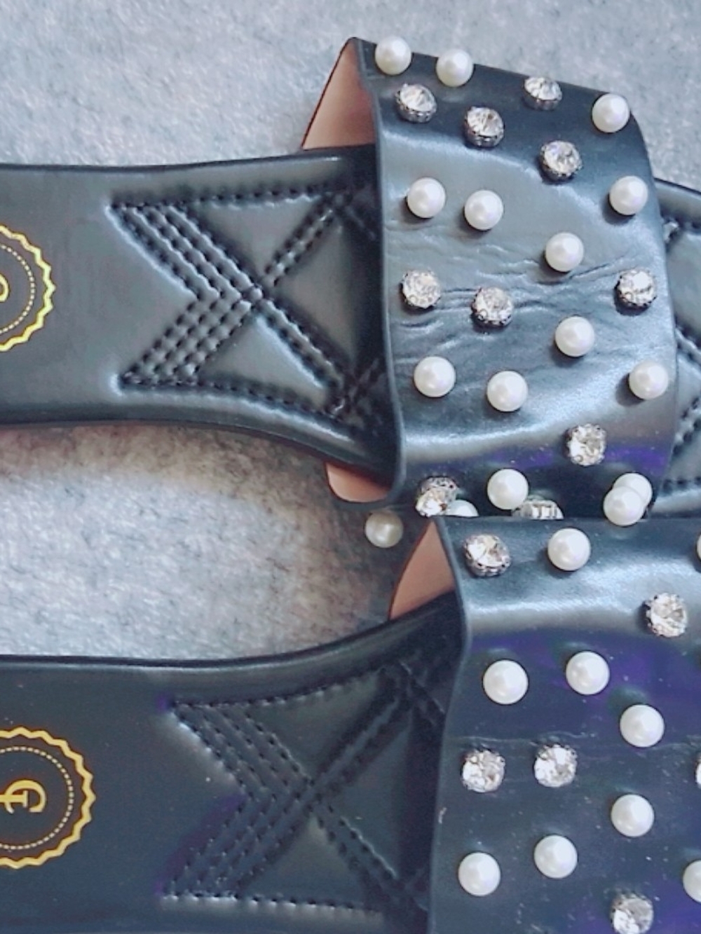 Vero Cuoio Black Slide Mules with Gold Heart Hardware - Picture 2 of 2